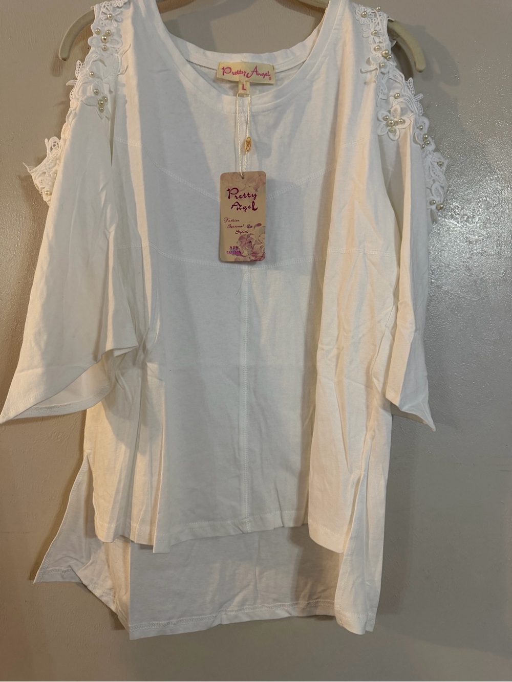 Pretty Angel White Cold-Shoulder Lace & Pearl Tunic